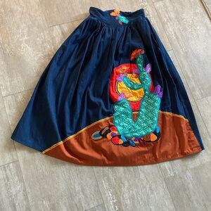 Vintage Cotton Embroidered Navy and Brown Skirt